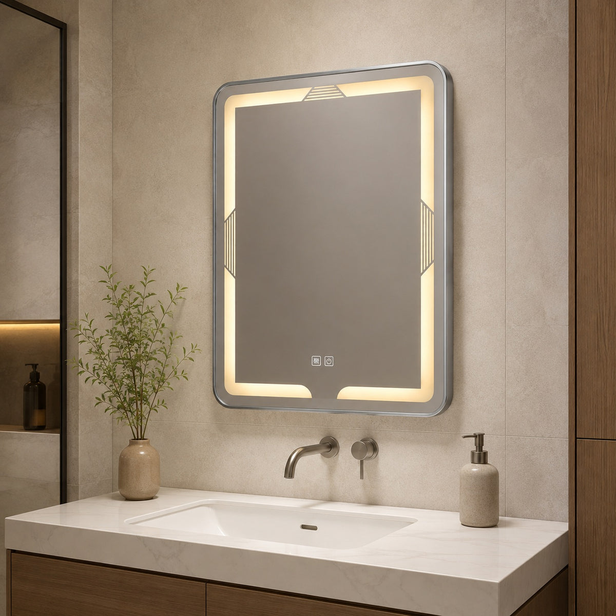 Espejo LED rectangular instalado en baño moderno con luz cálida
