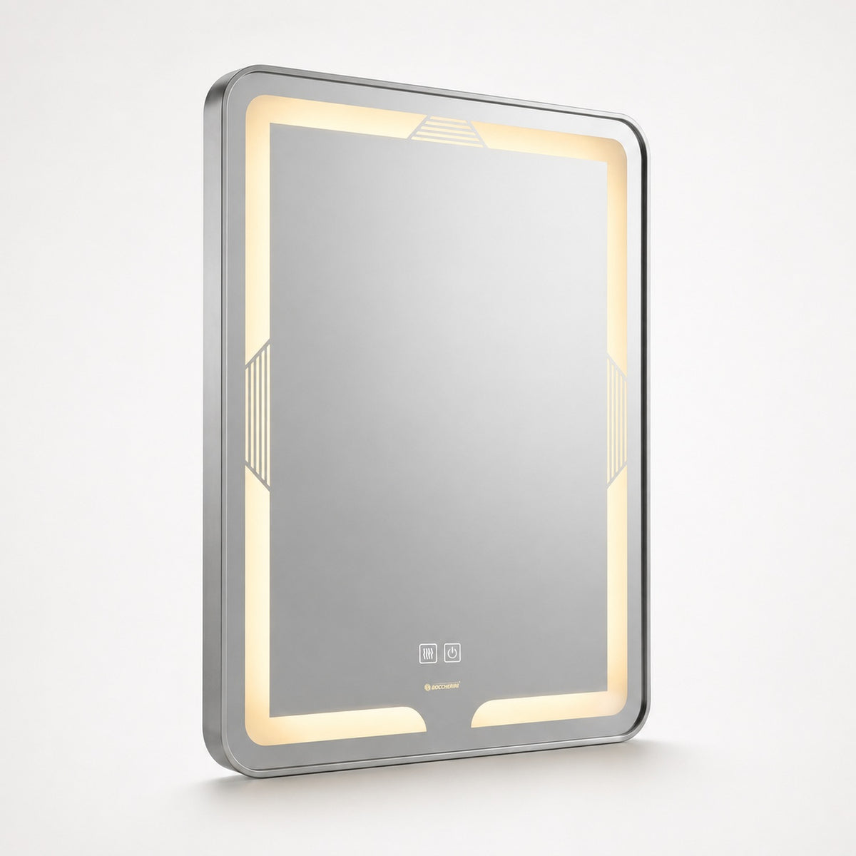 Espejo LED rectangular con marco de aluminio satinado sobre fondo claro