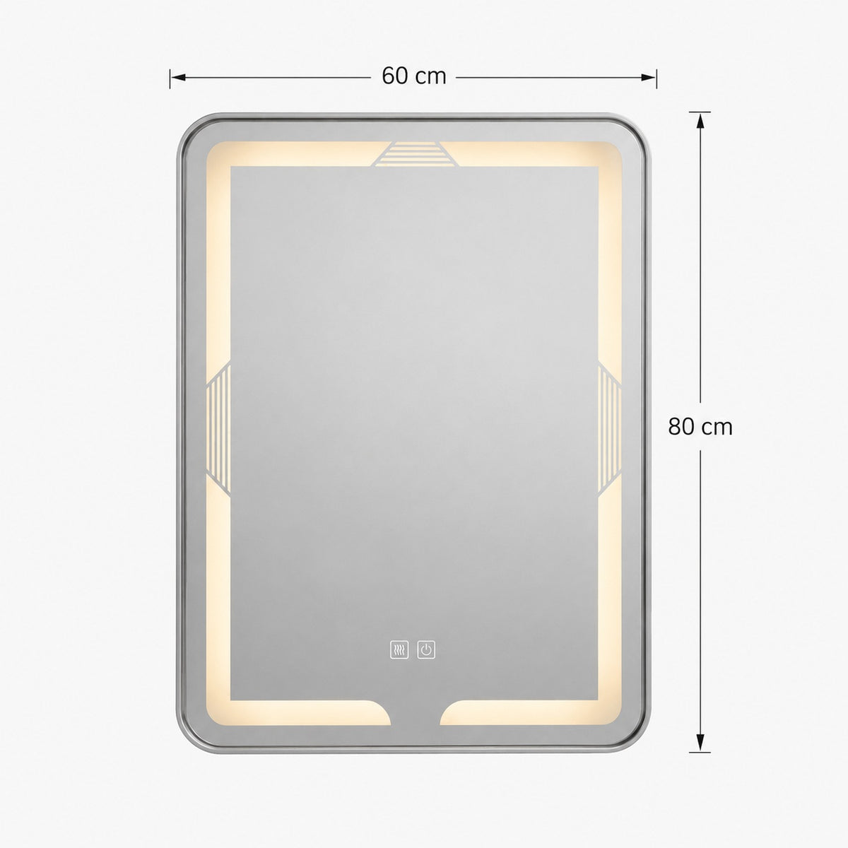 Espejo LED rectangular con medidas de 60 centímetros de ancho y 80 centímetros de alto