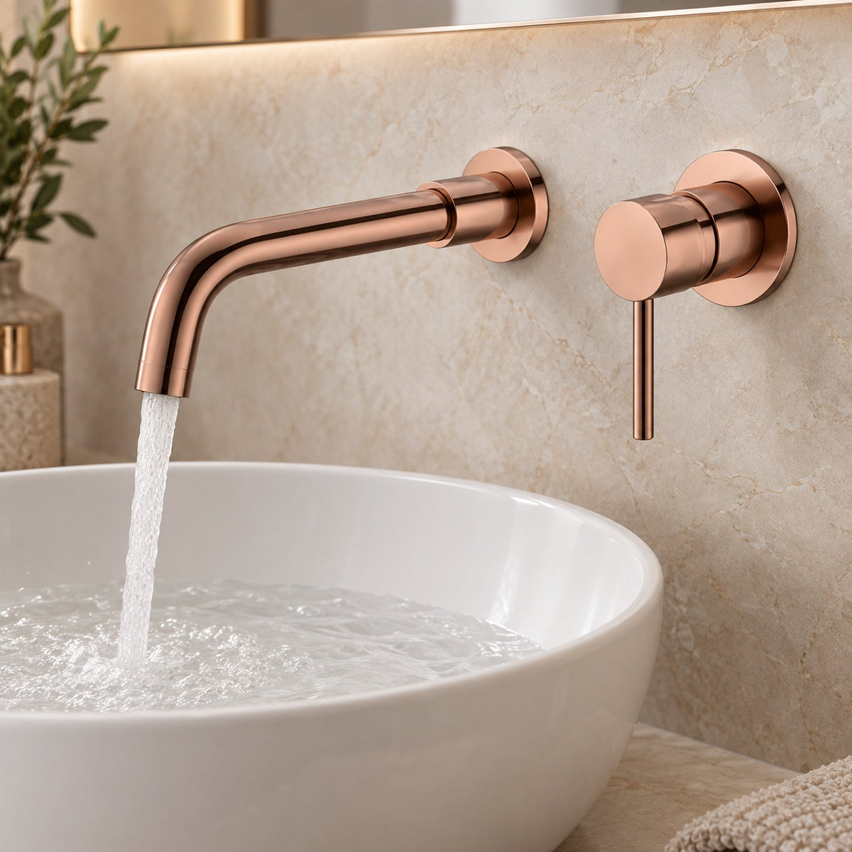 Grifería Monocontrol Para Lavamanos De Pared Oro Rosa vista cercana