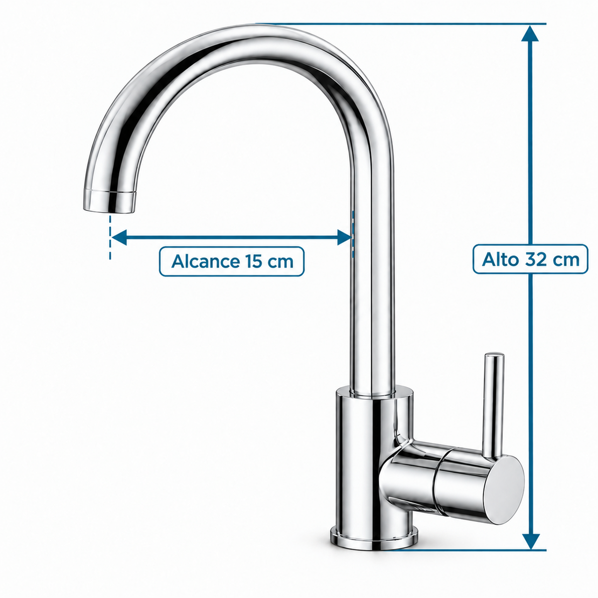 Grifería de lavaplatos cromado: alto 32 cm y alcance 15 cm