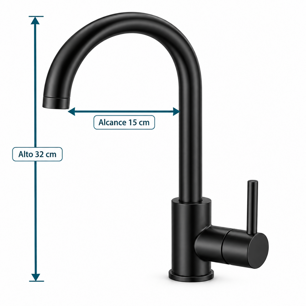 Grifería de lavaplatos negro mate: alto 32 cm y alcance 15 cm