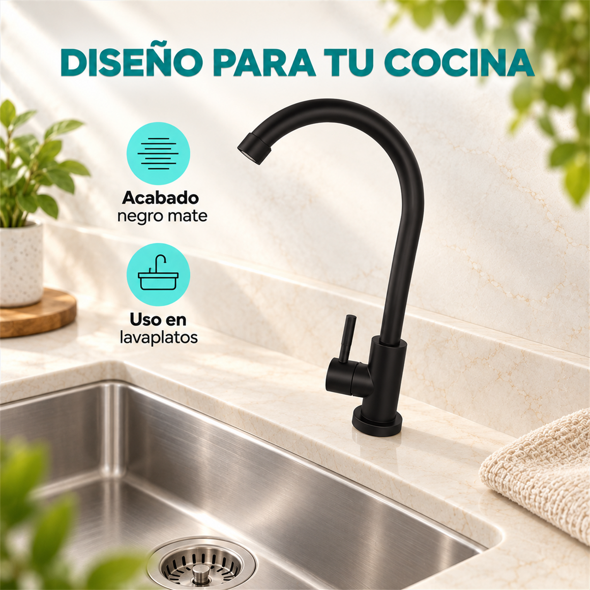 Detalle comercial de llave negra mate para lavaplatos