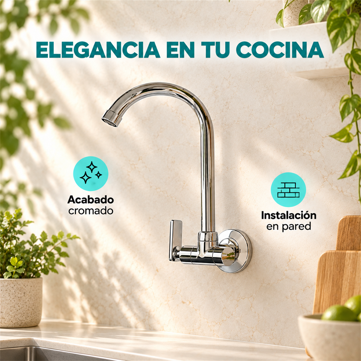 Detalle comercial de llave cromada de pared para lavaplatos