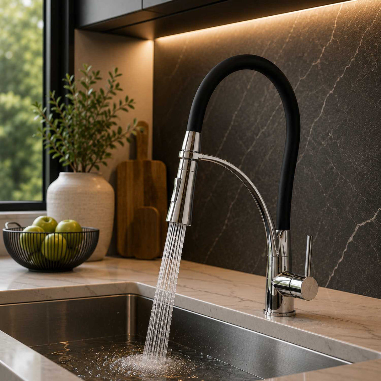 Grifería Lavaplatos Arabia Flexible Industrial Cromada | Monocontrol para Cocina Moderna