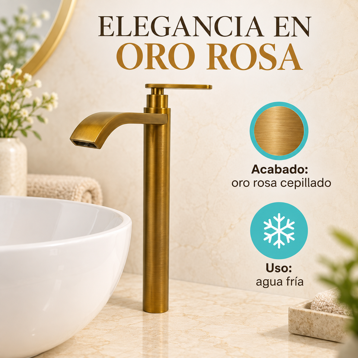 Detalle de grifería oro rosa cepillado de agua fría