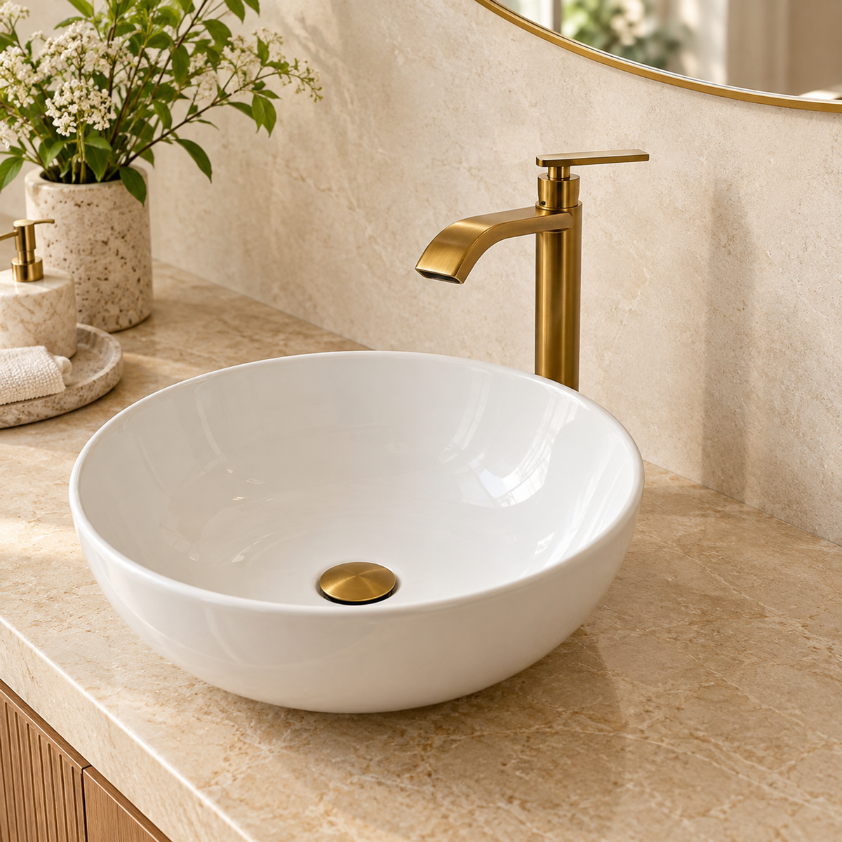 Grifería alta oro rosa instalada en baño claro