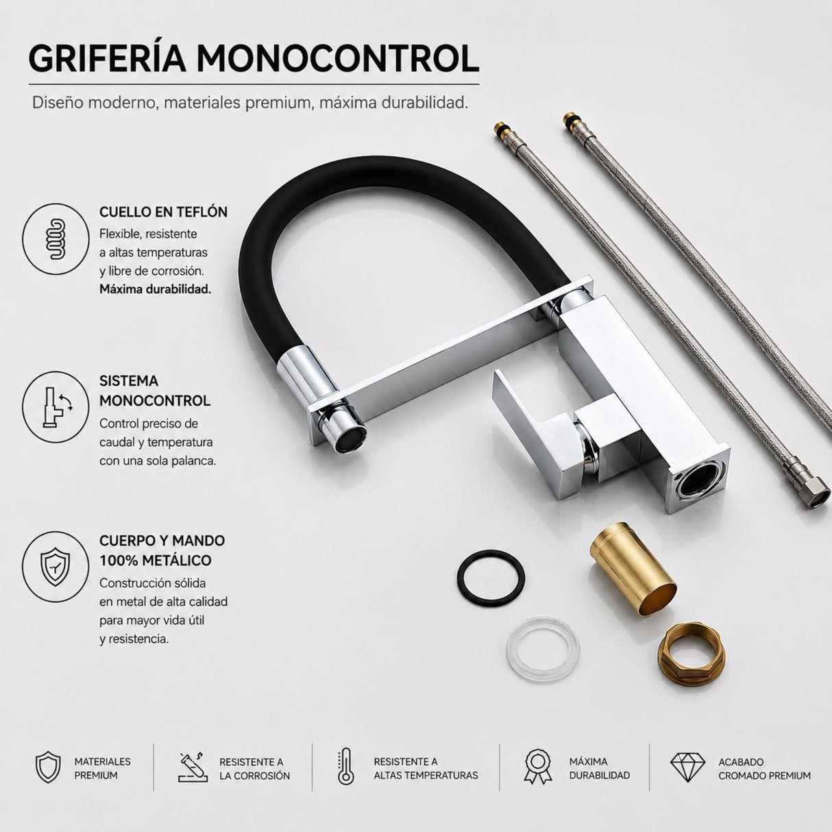 Grifería Lavaplatos Monocontrol Flexible Cromada Elegance Premium