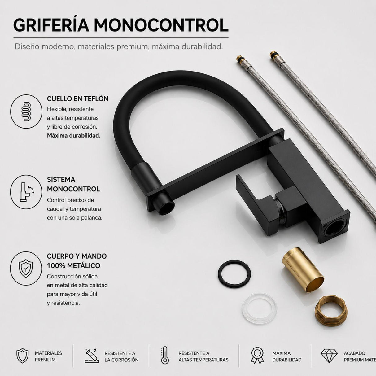 Grifería Lavaplatos Monocontrol Negra Mate Flexible | Cuello en Teflón y Cuerpo Metálico Premium Elegant Negro