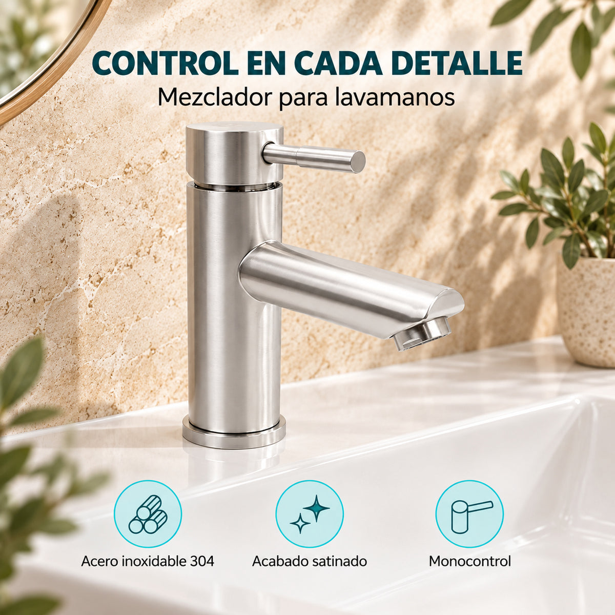 Mezclador para lavamanos en acero inoxidable 304 satinado con mando único