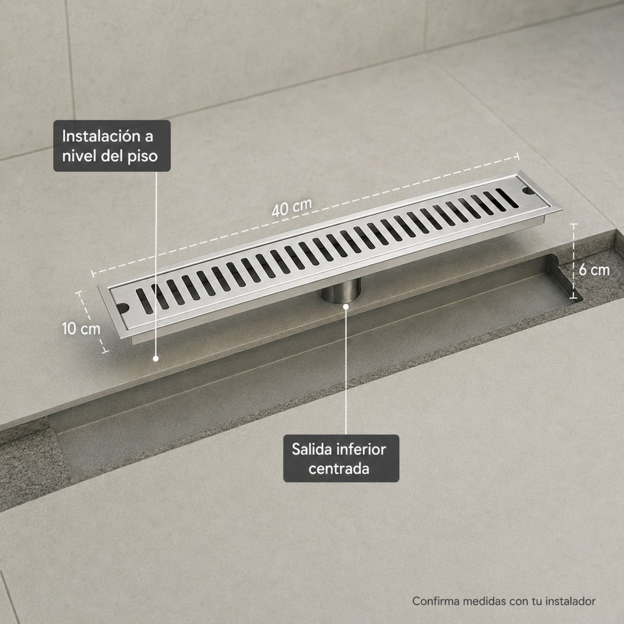 Diagrama de instalación de rejilla lineal a nivel de piso