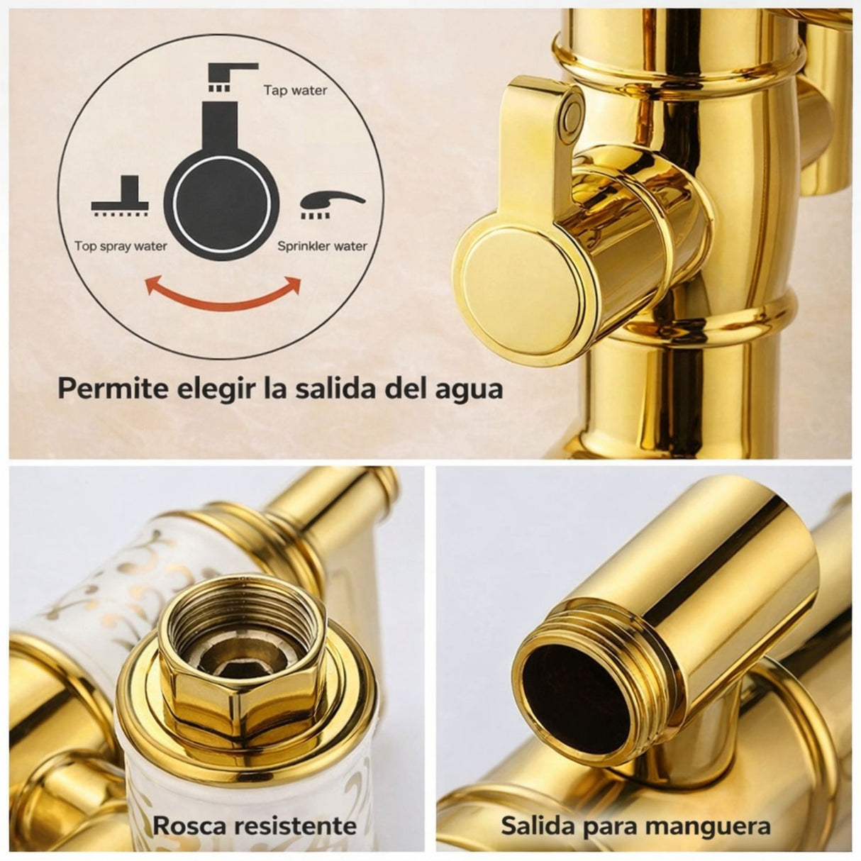 Grifería Ducha Expuesta Vintage Egipto Dorada Monocontrol con Ducha Teléfono y Salida a Bañera