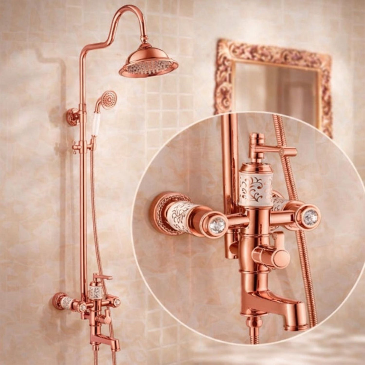 Grifería Ducha Expuesta Vintage Oro Rosa con Salida a Bañera y Ducha Teléfono