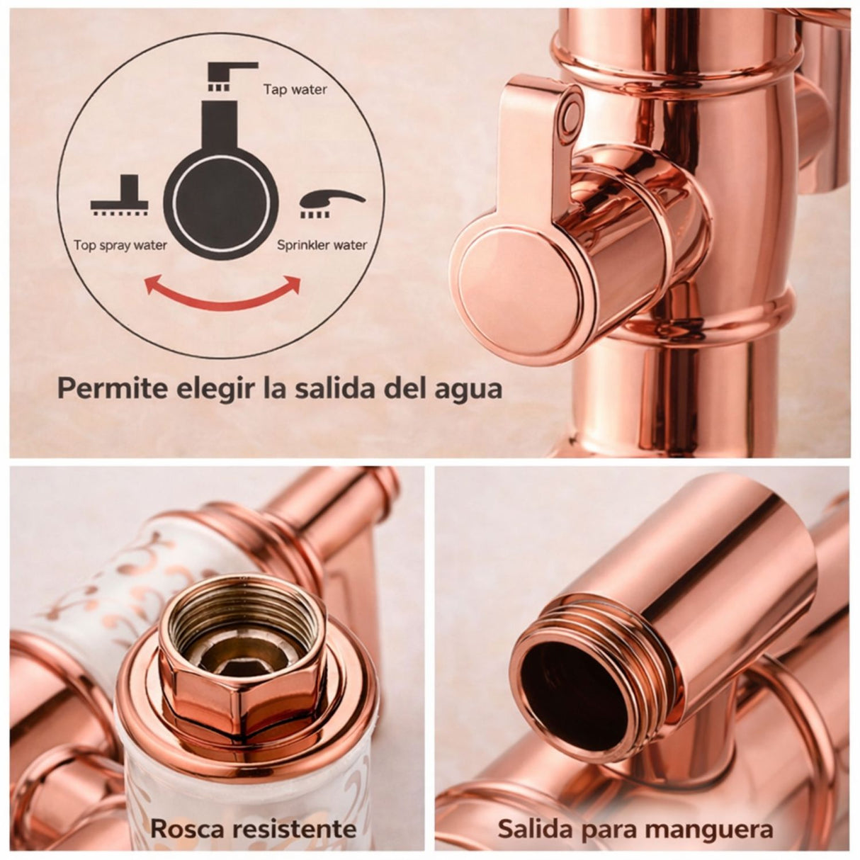 Grifería Ducha Expuesta Vintage Oro Rosa con Salida a Bañera y Ducha Teléfono