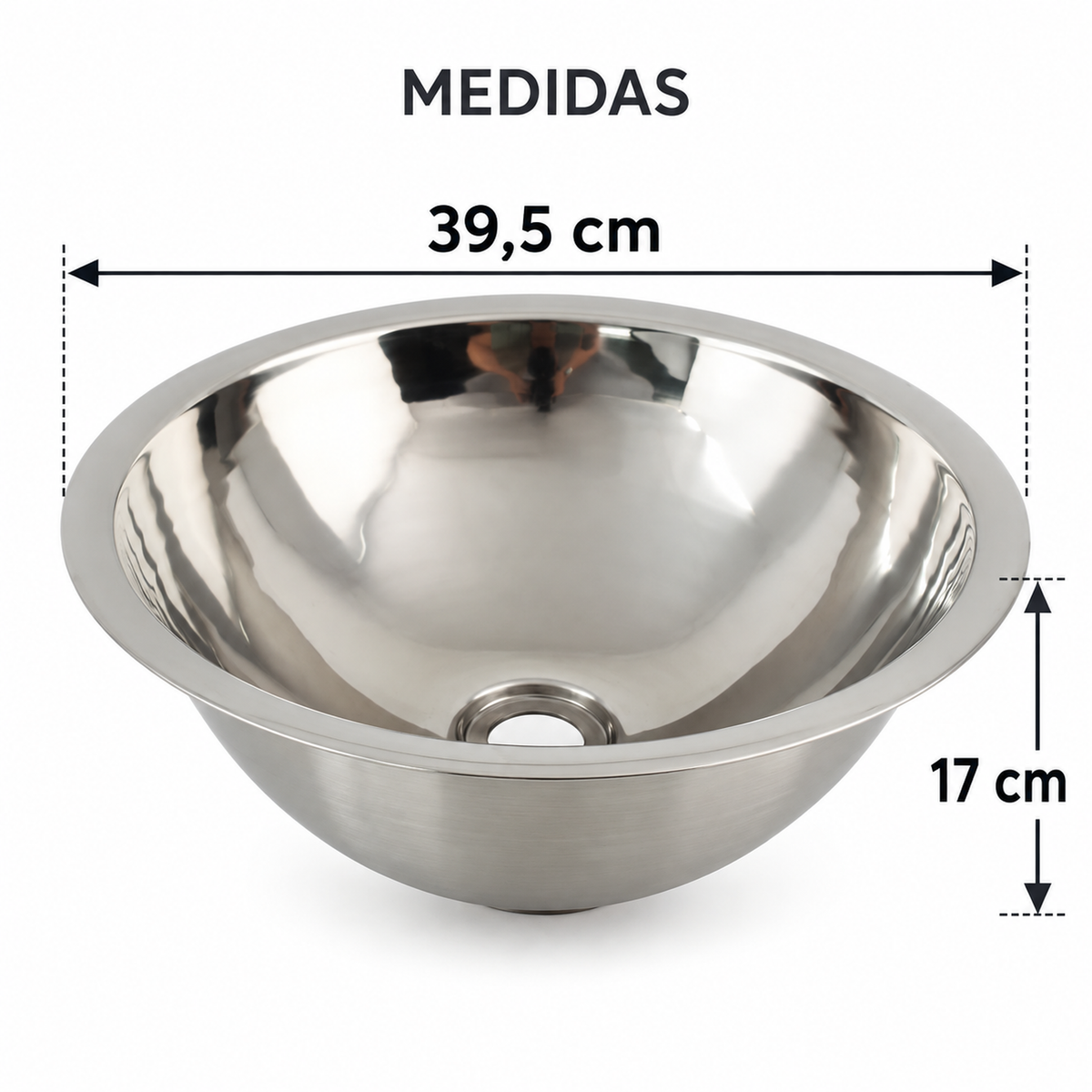 Medidas del lavamanos esférico con pestaña: boca de 39,5 cm y fondo de 17 cm