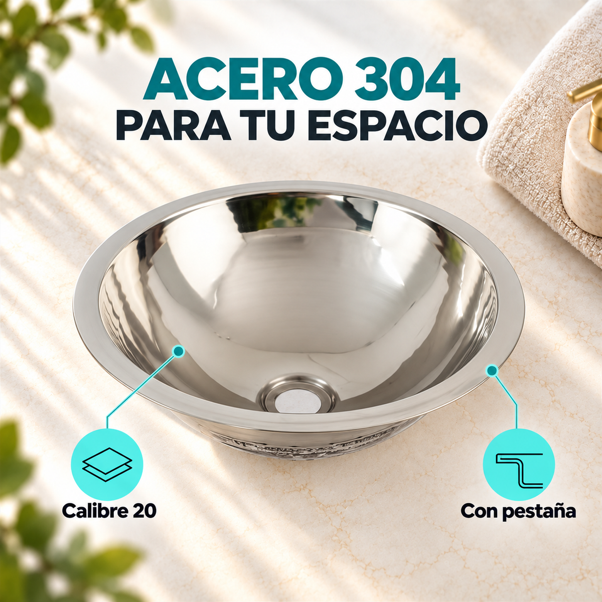 Detalle de lavamanos de acero 304 calibre 20 con pestaña