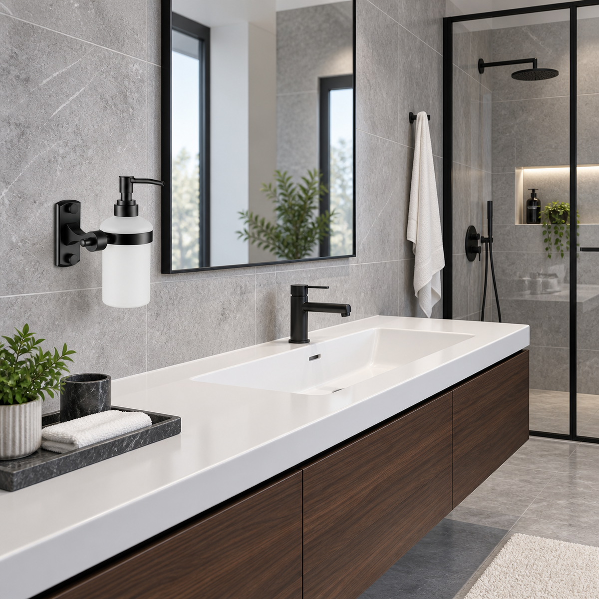 Dispensador De Jabón Mural Con Base Rectangular Negra