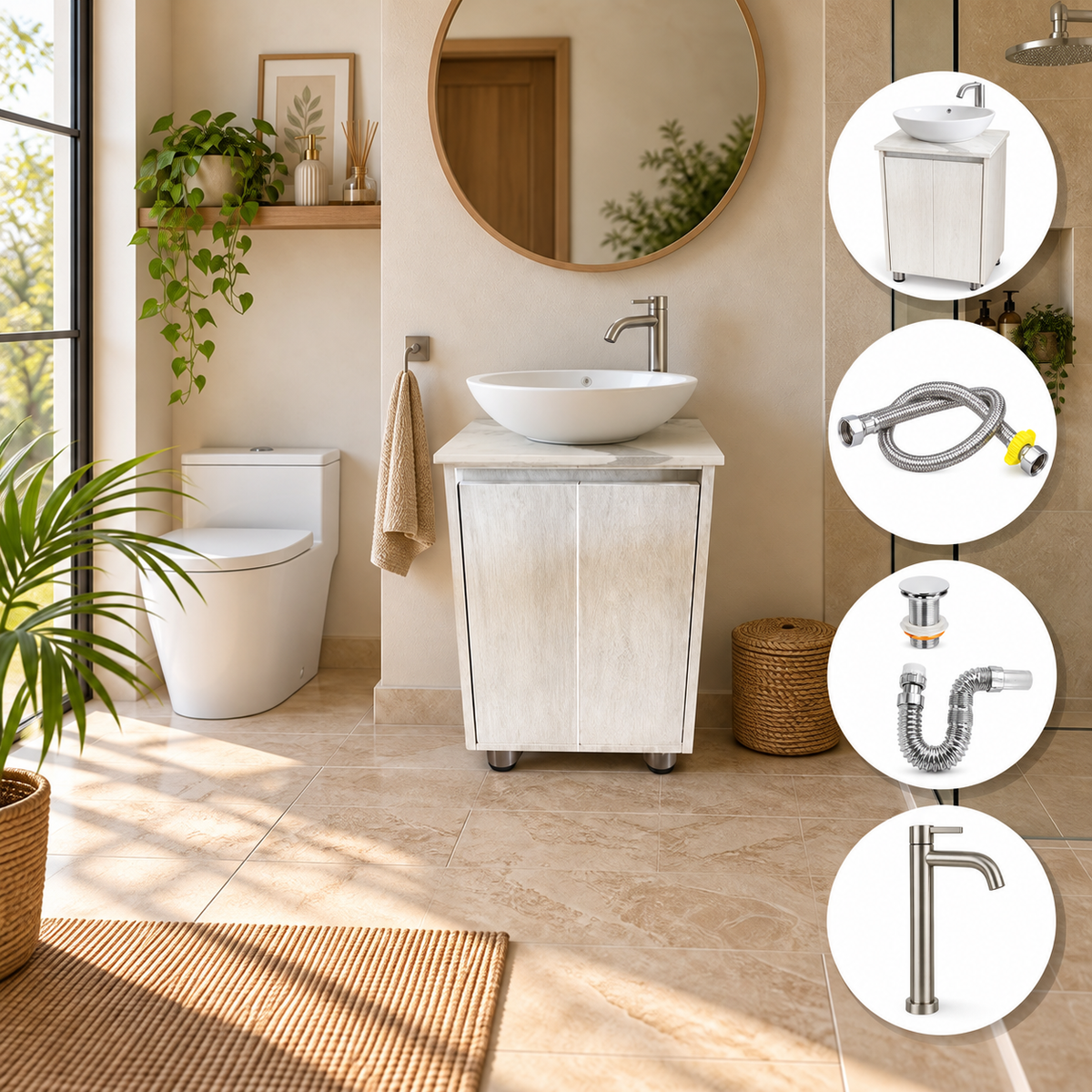 Combo Mueble De Baño RH Beige Con Lavamanos En Mármol 60 X 47 Cm