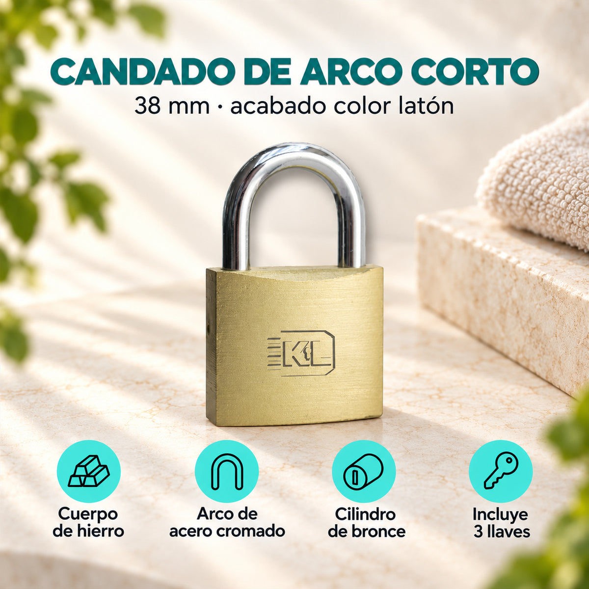 Características de candado de hierro arco corto color latón 38 mm
