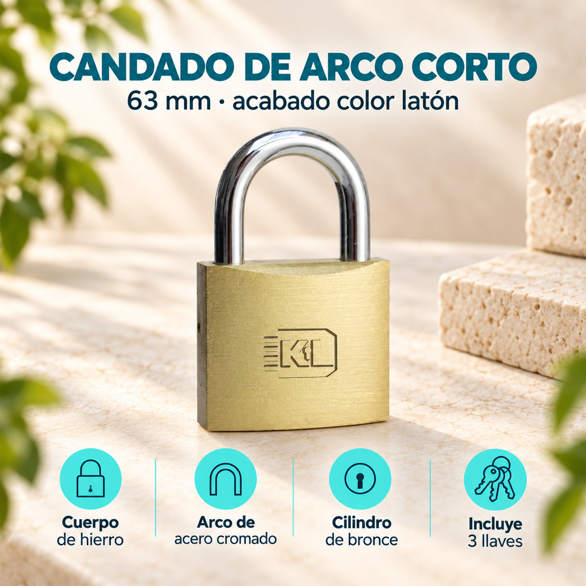 Características de candado de hierro arco corto color latón 63 mm