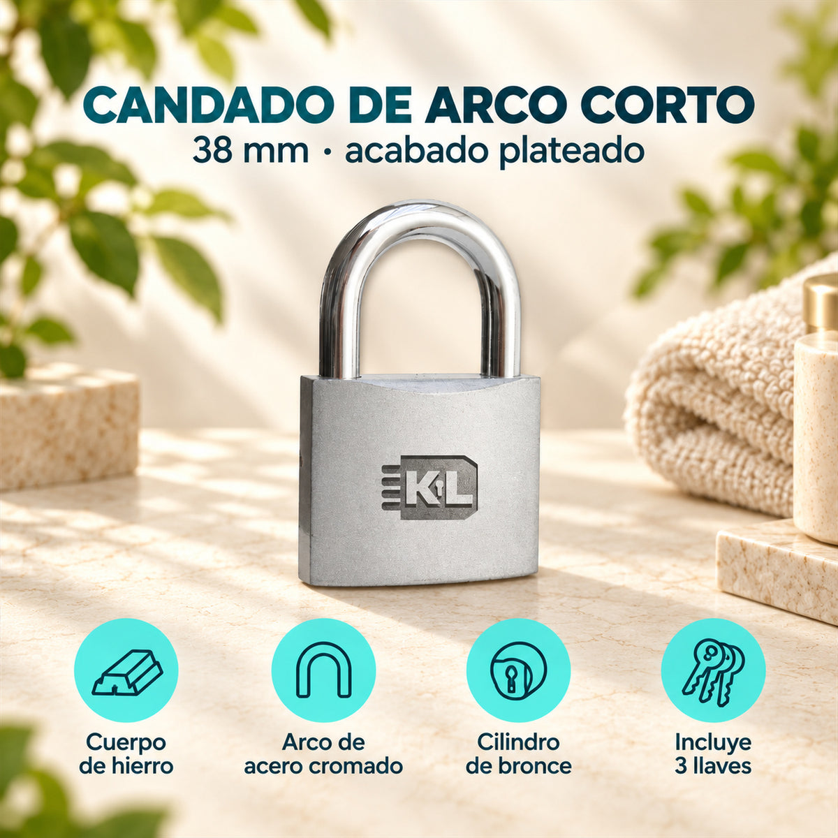 Características de candado de hierro arco corto plateado 38 mm