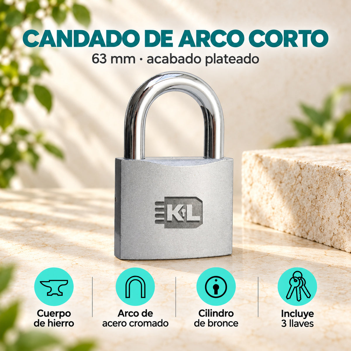 Características de candado de hierro arco corto plateado 63 mm