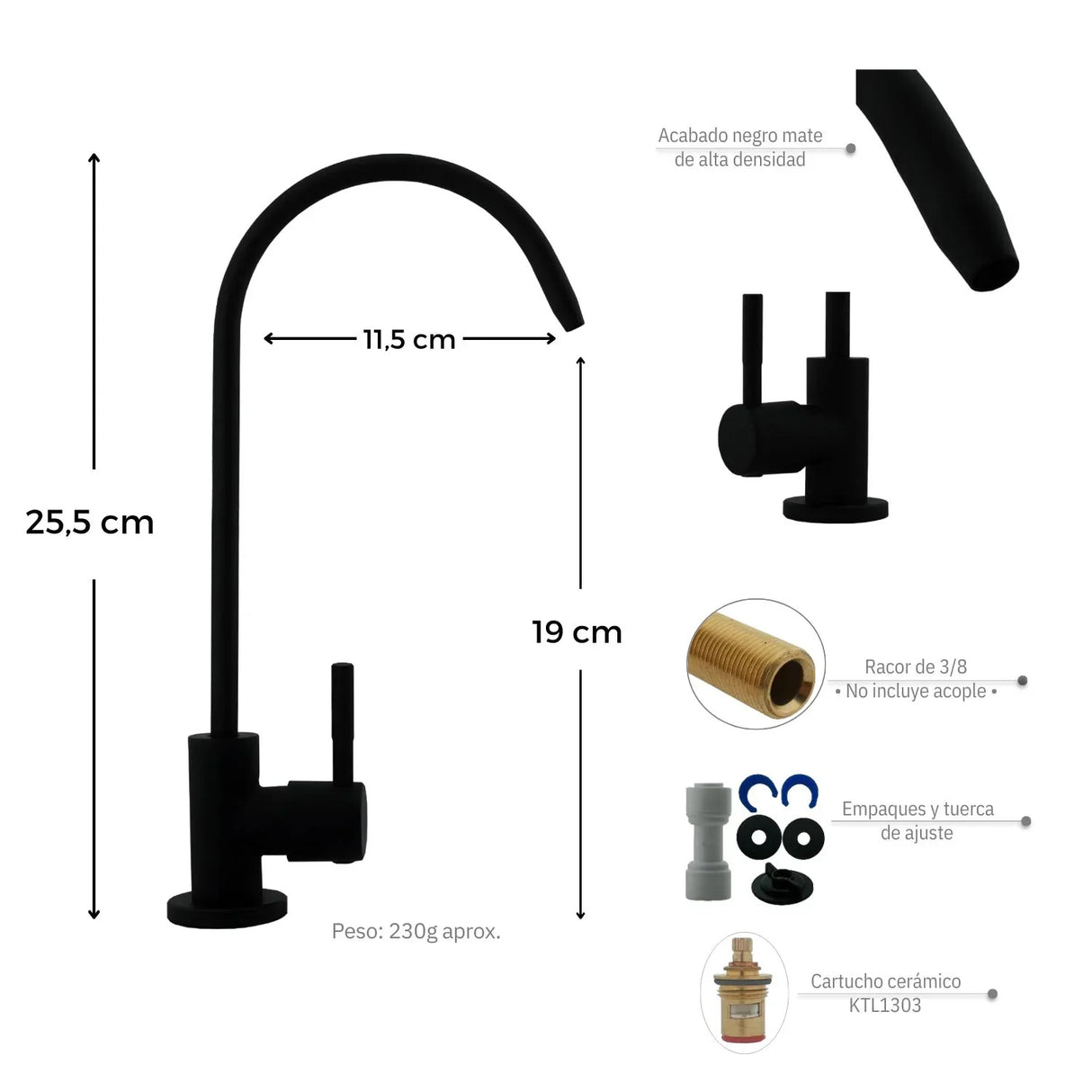 Llave para Filtro de Agua - Negro Mate -ACERO SUS304