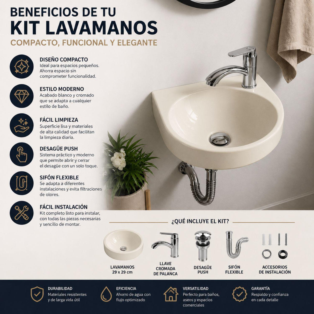 Kit Lavamanos Colgar Bone 29x29 cm + Llave Cromada Palanca + Desagüe Push Sifón Flexible Completo Baño