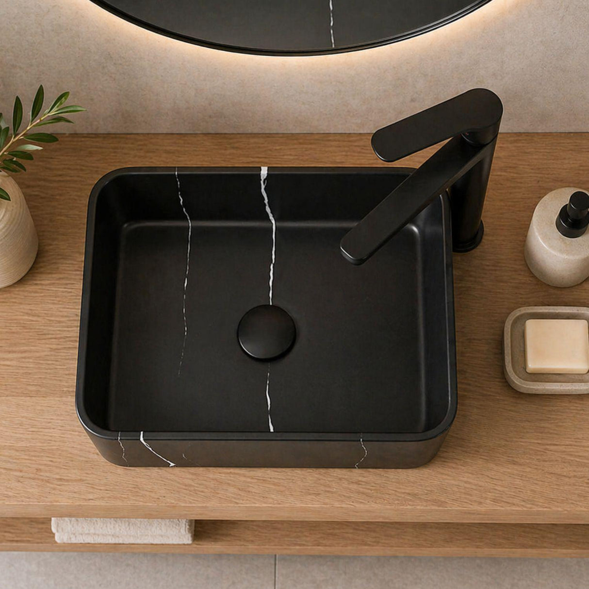 Kit Lavamanos Rectangular Negro 48x37x13 cm + Grifería Alta Lincon Negra + Sifón Integrado con Push Negro – Combo Vessel Completo para Baño