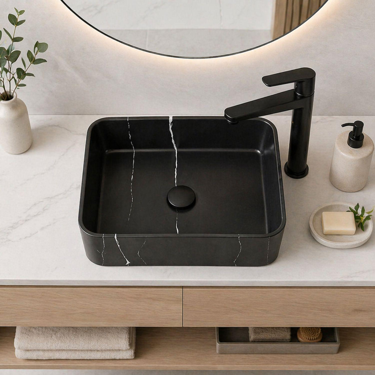 Kit Lavamanos Rectangular Negro 48x37x13 cm + Grifería Alta Lincon Negra + Sifón Integrado con Push Negro – Combo Vessel Completo para Baño