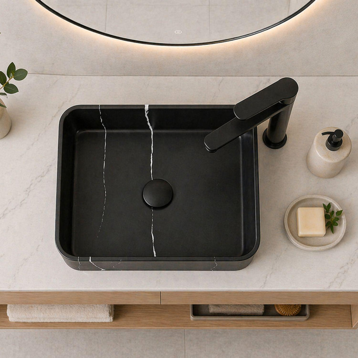 Kit Lavamanos Rectangular Negro 48x37x13 cm + Grifería Alta Lincon Negra + Sifón Integrado con Push Negro – Combo Vessel Completo para Baño