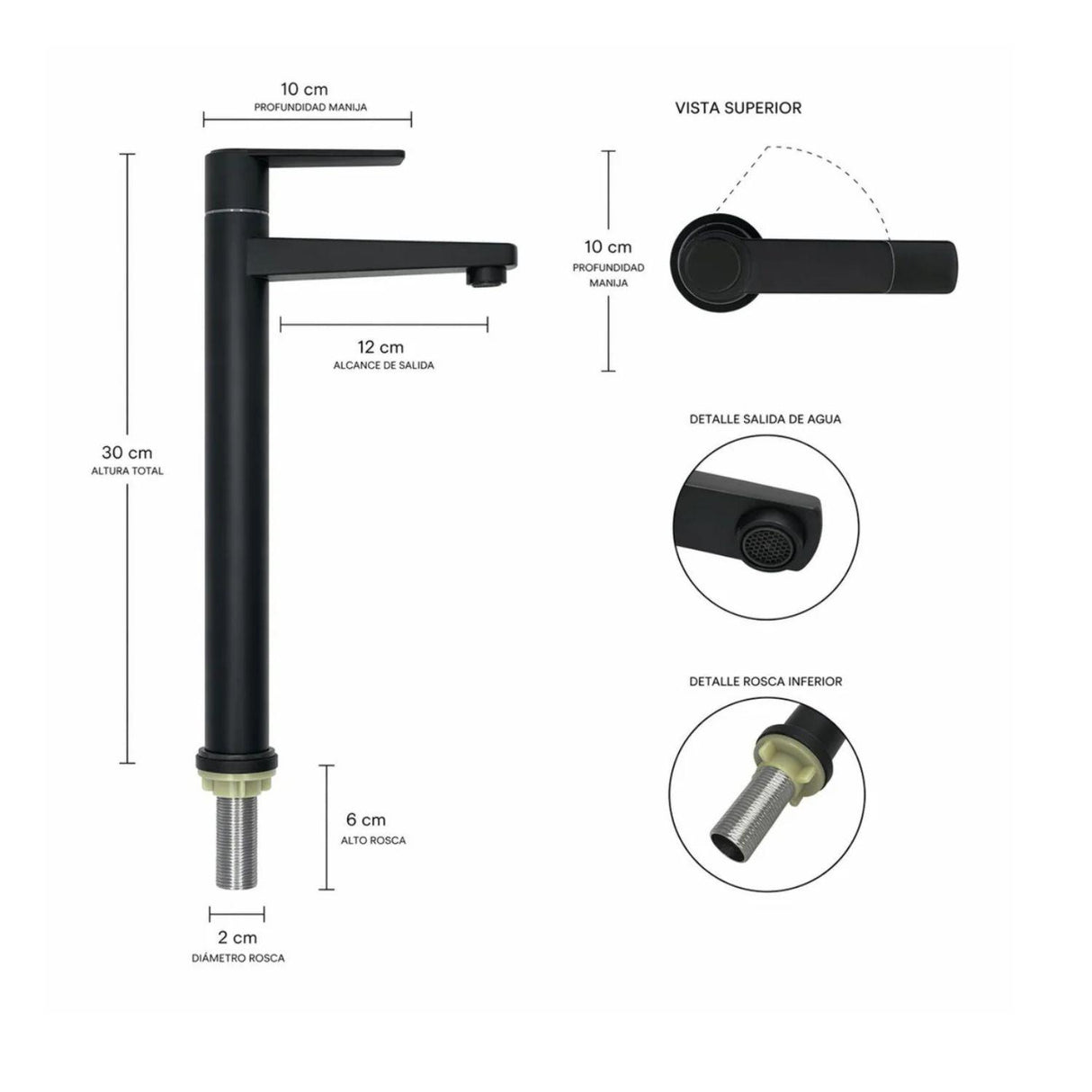 Kit Lavamanos Rectangular Negro 48x37x13 cm + Grifería Alta Lincon Negra + Sifón Integrado con Push Negro – Combo Vessel Completo para Baño