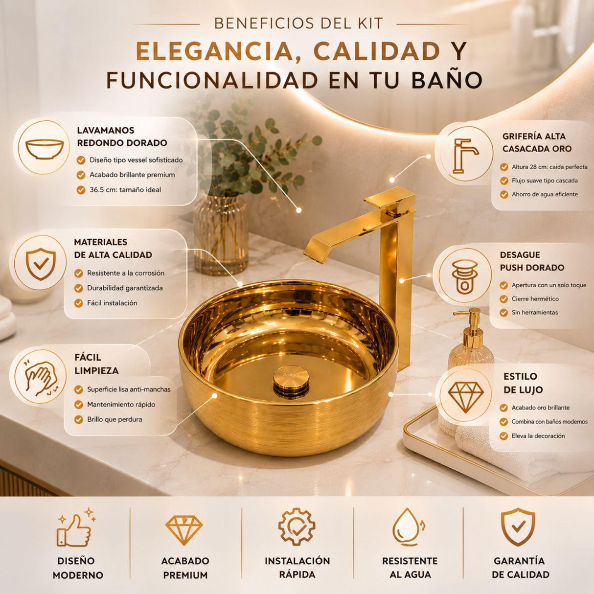 Kit Lavamanos Redondo Dorado Tipo Vessel 36.5 cm + Grifería Alta Cascada Oro + Desagüe Push Premium para Baño Moderno