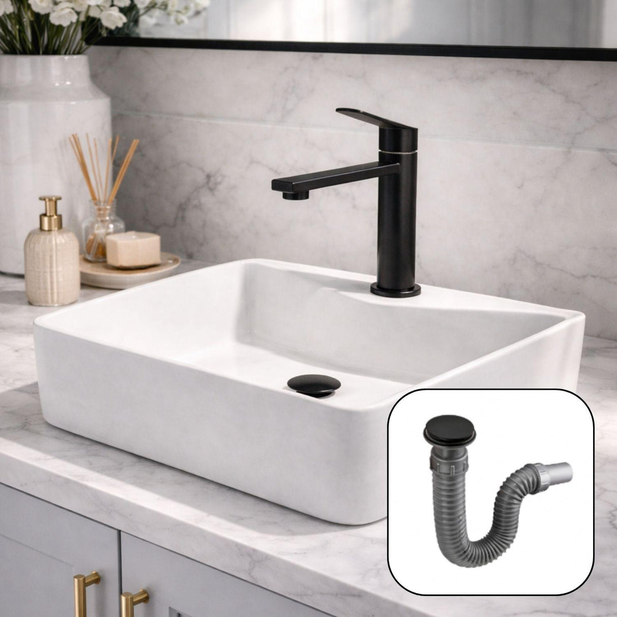 Kit Lavamanos Sobreponer Rectangular Blanco 40x30 cm + Grifería Baja Negra + Sifón Push Negro – Baño Moderno Completo