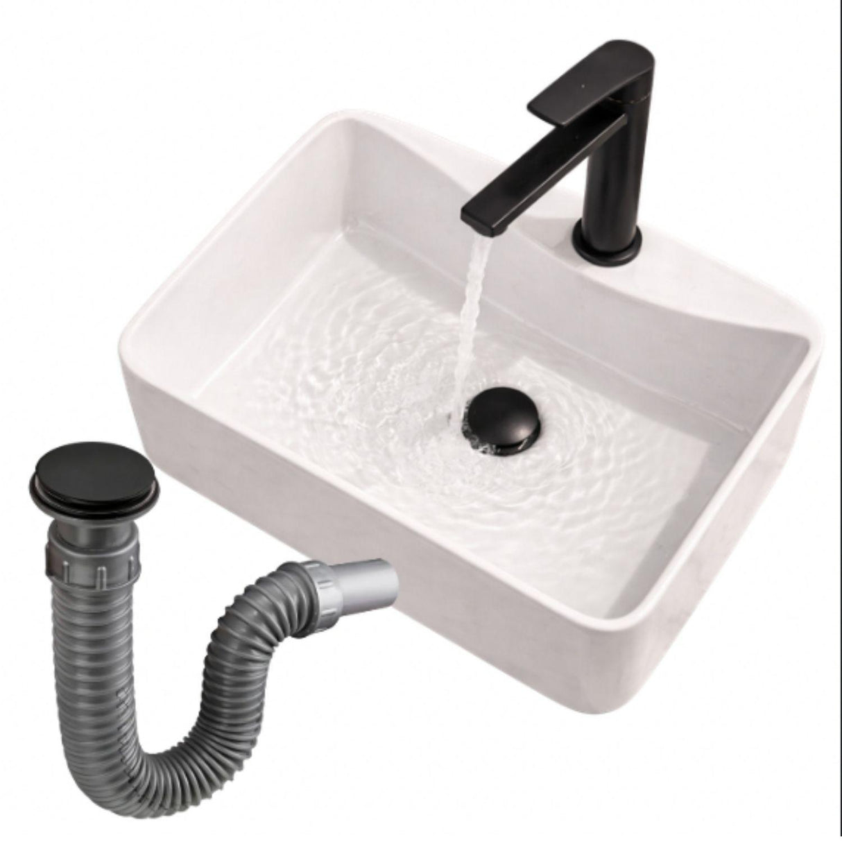 Kit Lavamanos Sobreponer Rectangular Blanco 40x30 cm + Grifería Baja Negra + Sifón Push Negro – Baño Moderno Completo