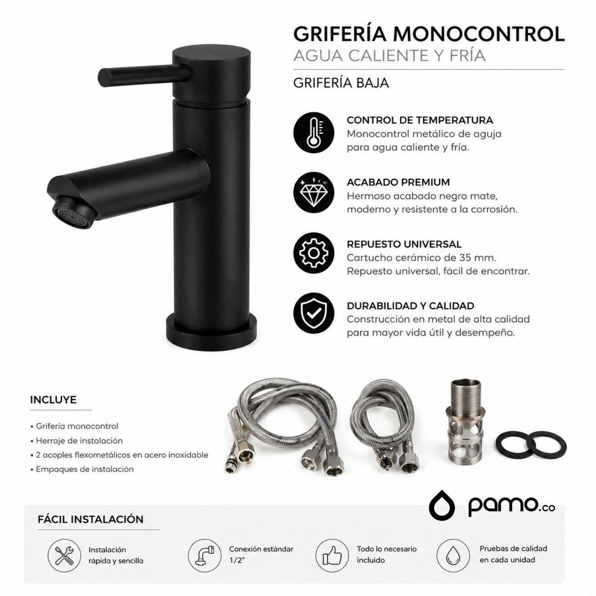 Kit Lavamanos Vessel Negro Mate 42x42 cm + Grifería Monocontrol Negra + Sifón Push Premium
