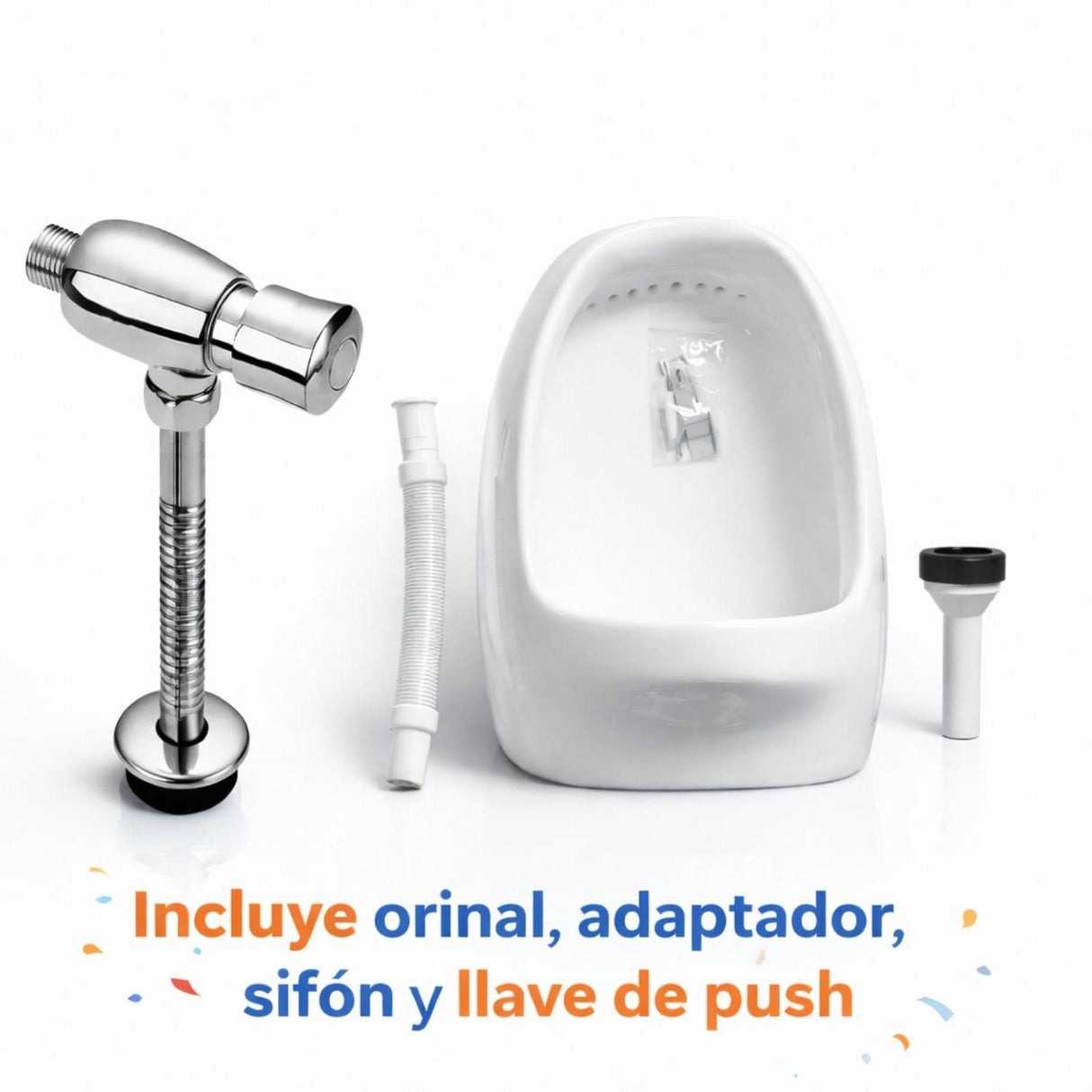Kit Orinal Completo en Porcelana Blanco con Válvula Push Automática Metálica + Sifón y Adaptador de Instalación