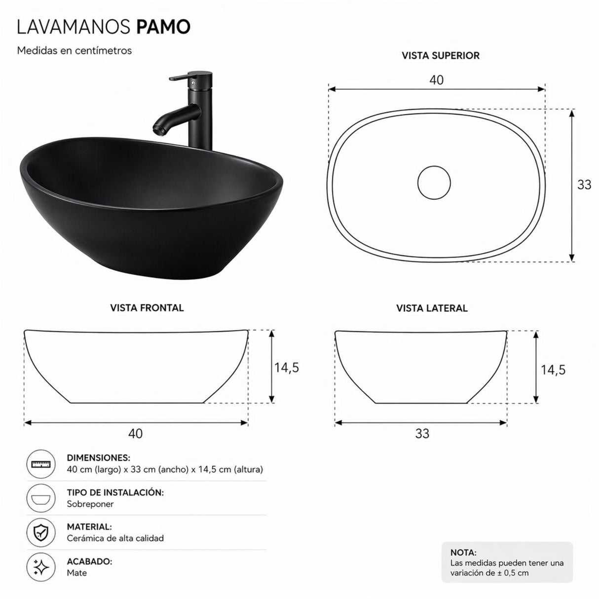 Lavamanos Ovalado Negro Sobreponer en Porcelana Premium – Diseño Moderno Tipo Vessel para Baño Elegante