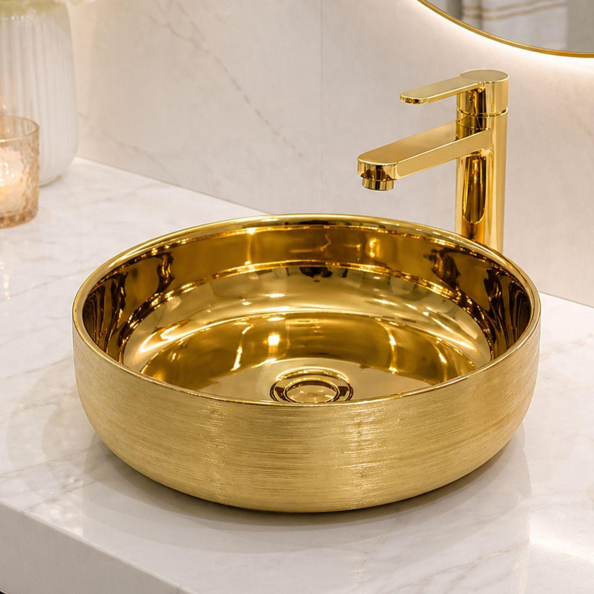 Lavamanos Redondo Dorado Tipo Vessel 36.5 cm | Lavabo Sobreponer Baño Moderno de Lujo