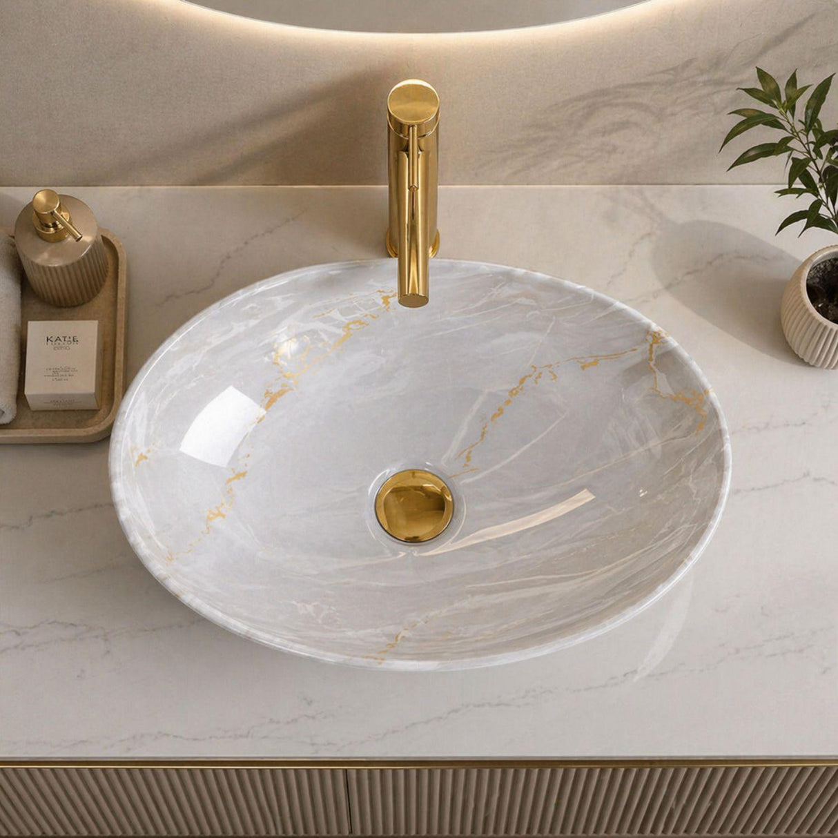 Lavamanos Sobreponer Boscus 40x33x13 cm en Cerámica Tipo Vessel – Acabado Mármol con Vetas Doradas para Baño