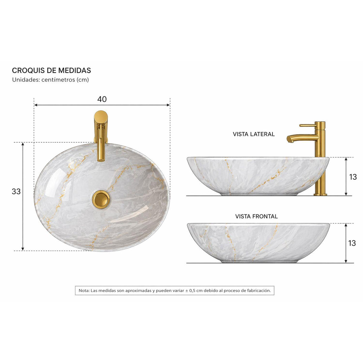 Lavamanos Sobreponer Boscus 40x33x13 cm en Cerámica Tipo Vessel – Acabado Mármol con Vetas Doradas para Baño