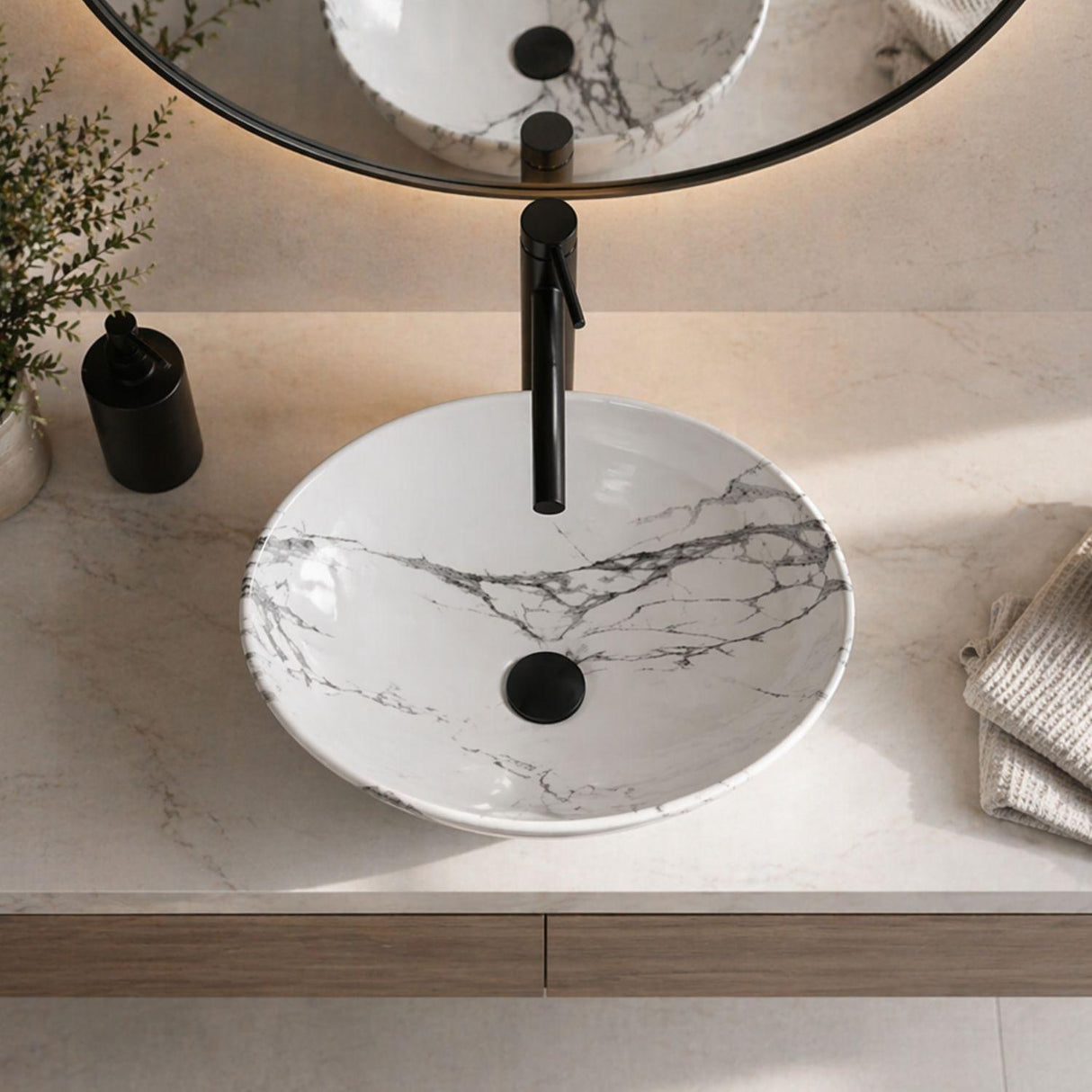 Lavamanos Sobreponer Carrara Mate 40x33x13 cm en Cerámica Tipo Vessel – Diseño Mármol para Baño Moderno