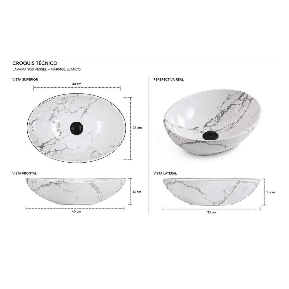 Lavamanos Sobreponer Carrara Mate 40x33x13 cm en Cerámica Tipo Vessel – Diseño Mármol para Baño Moderno