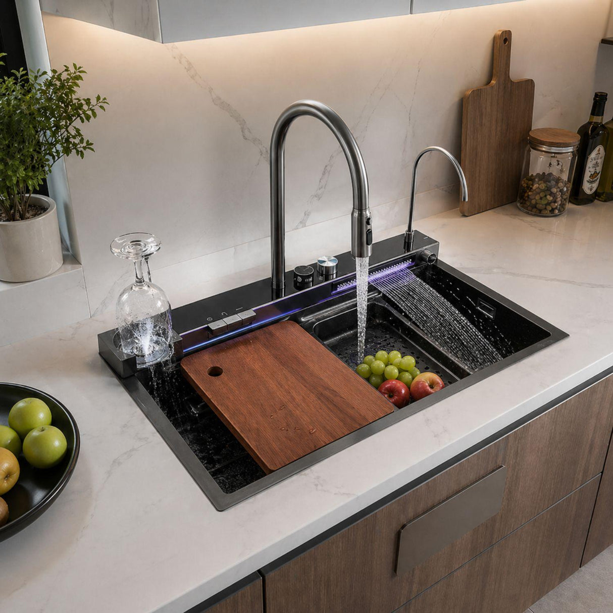 Lavaplatos Inteligente Negro 79x48x27 cm Multifunción – Fregadero Moderno con Cascada, Lava Vasos y Accesorios para Cocina