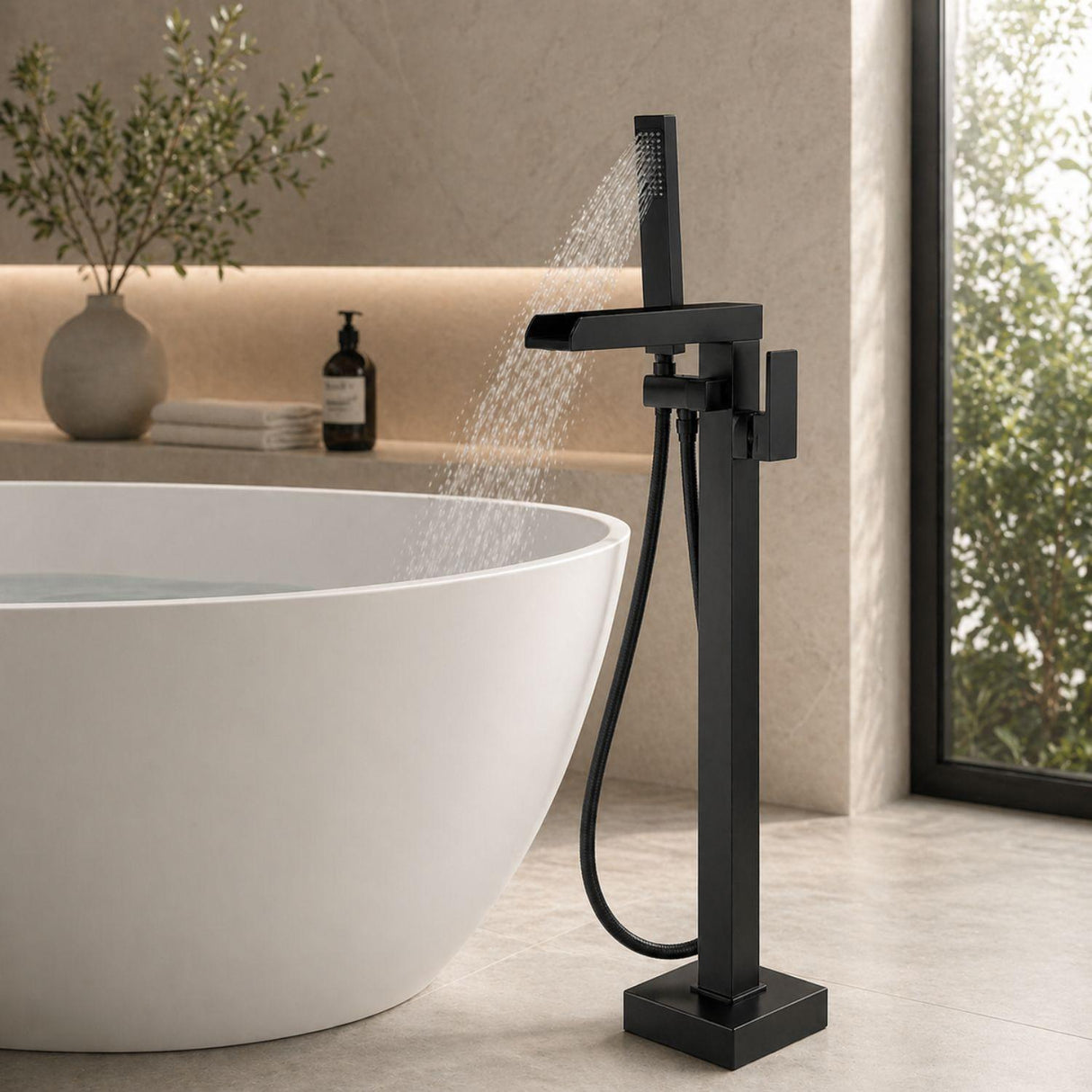 Grifería Bañera de Poste Negra con Ducha Manual | Monocontrol Piso Niagara
