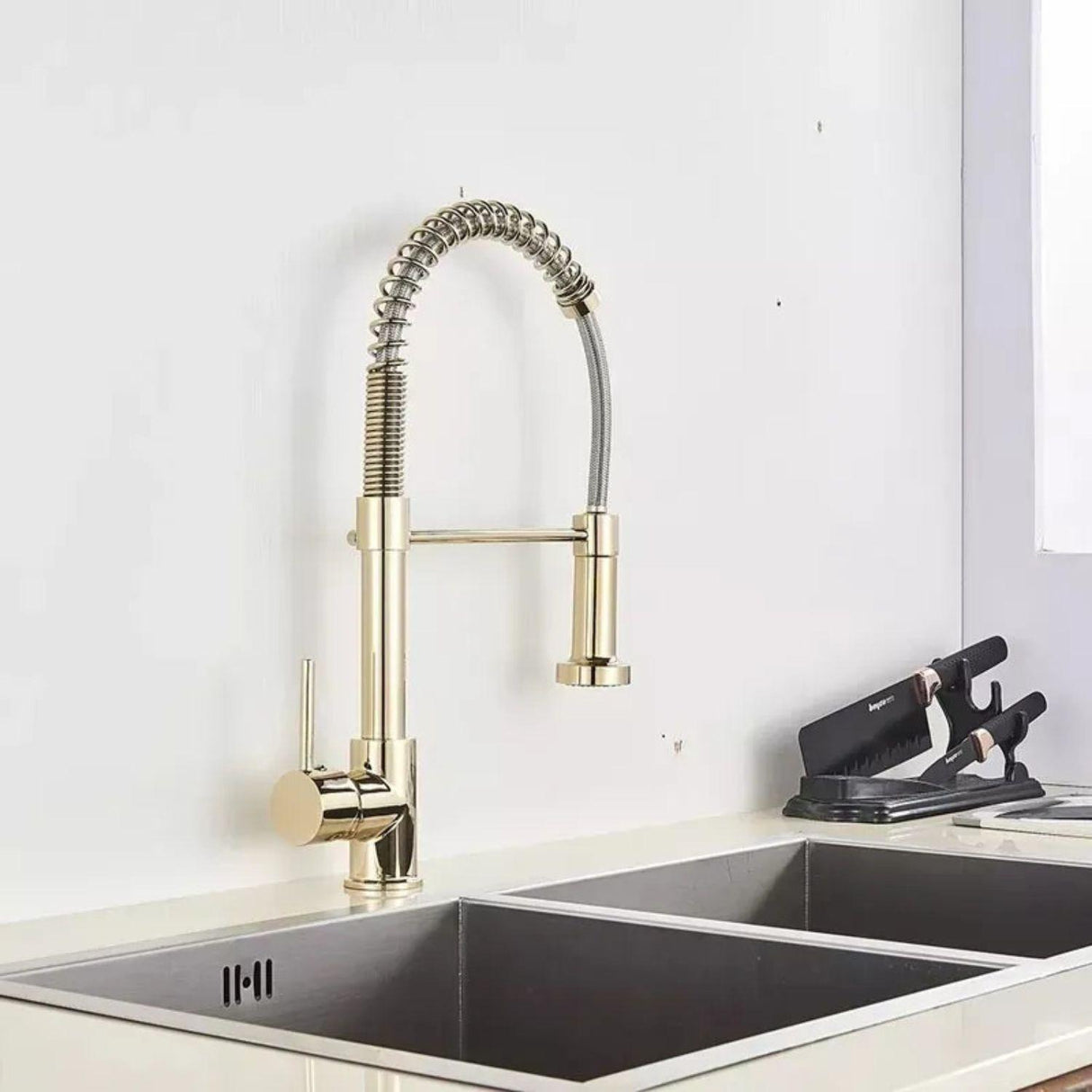 Grifería Monocontrol Lavaplatos Flexible Oro Tipo Chef Extraíble Premium