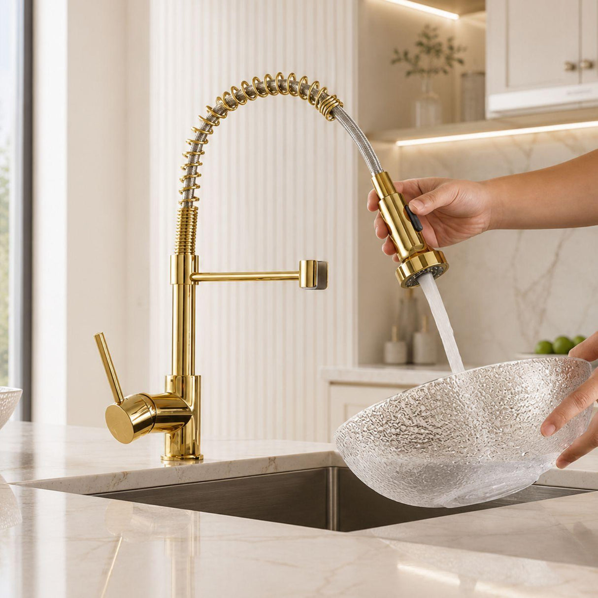 Grifería Monocontrol Lavaplatos Flexible Oro Tipo Chef Extraíble Premium