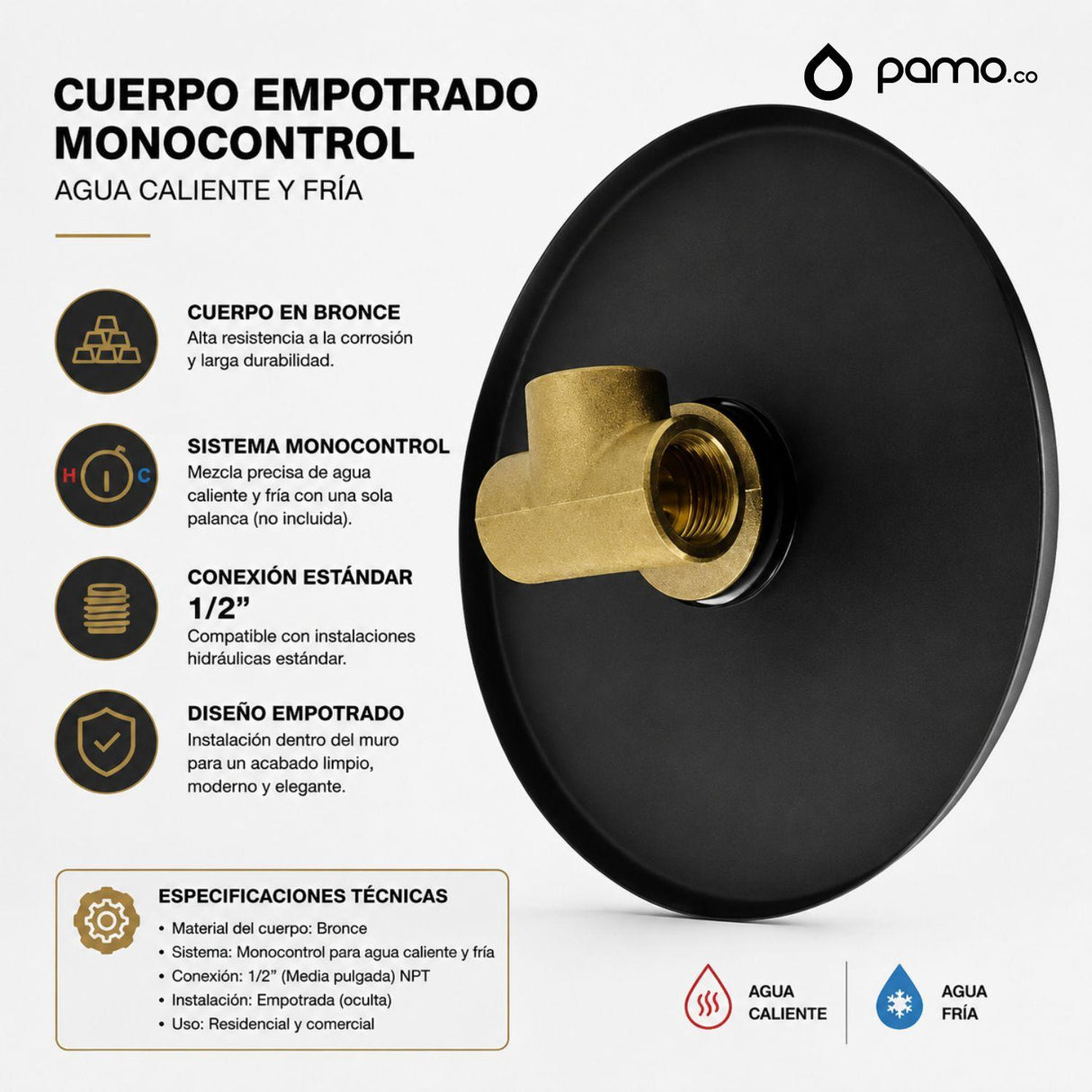 Griferia Ducha Monocontrol Redonda Negra Mate | Registro de Palanca Moderno para Baño Premium