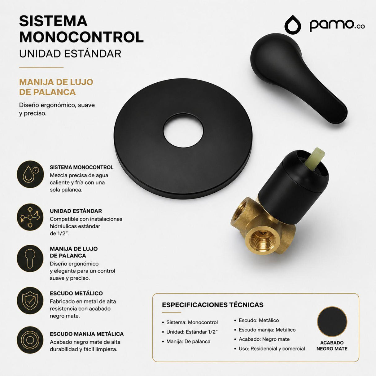 Griferia Ducha Monocontrol Redonda Negra Mate | Registro de Palanca Moderno para Baño Premium
