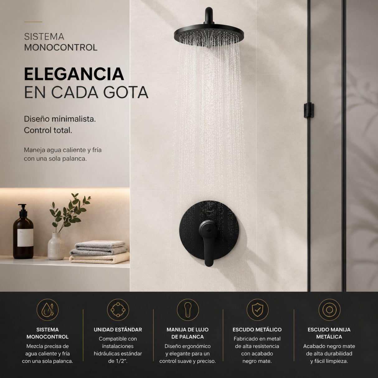 Griferia Ducha Monocontrol Redonda Negra Mate | Registro de Palanca Moderno para Baño Premium